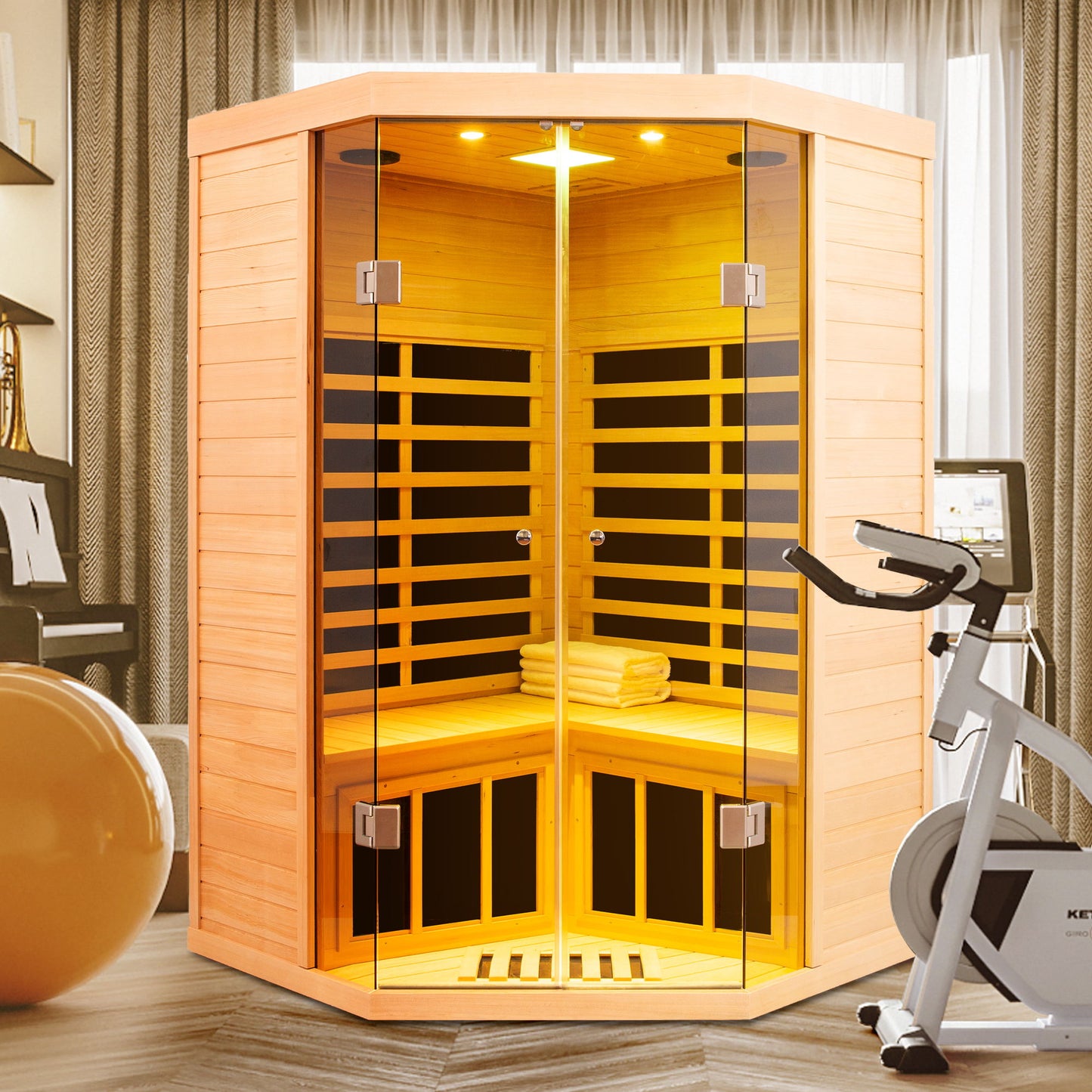 2 Persons Large Glass Front Deluxe Version Hemlock Far Infrared Corner Sauna Room - Natural