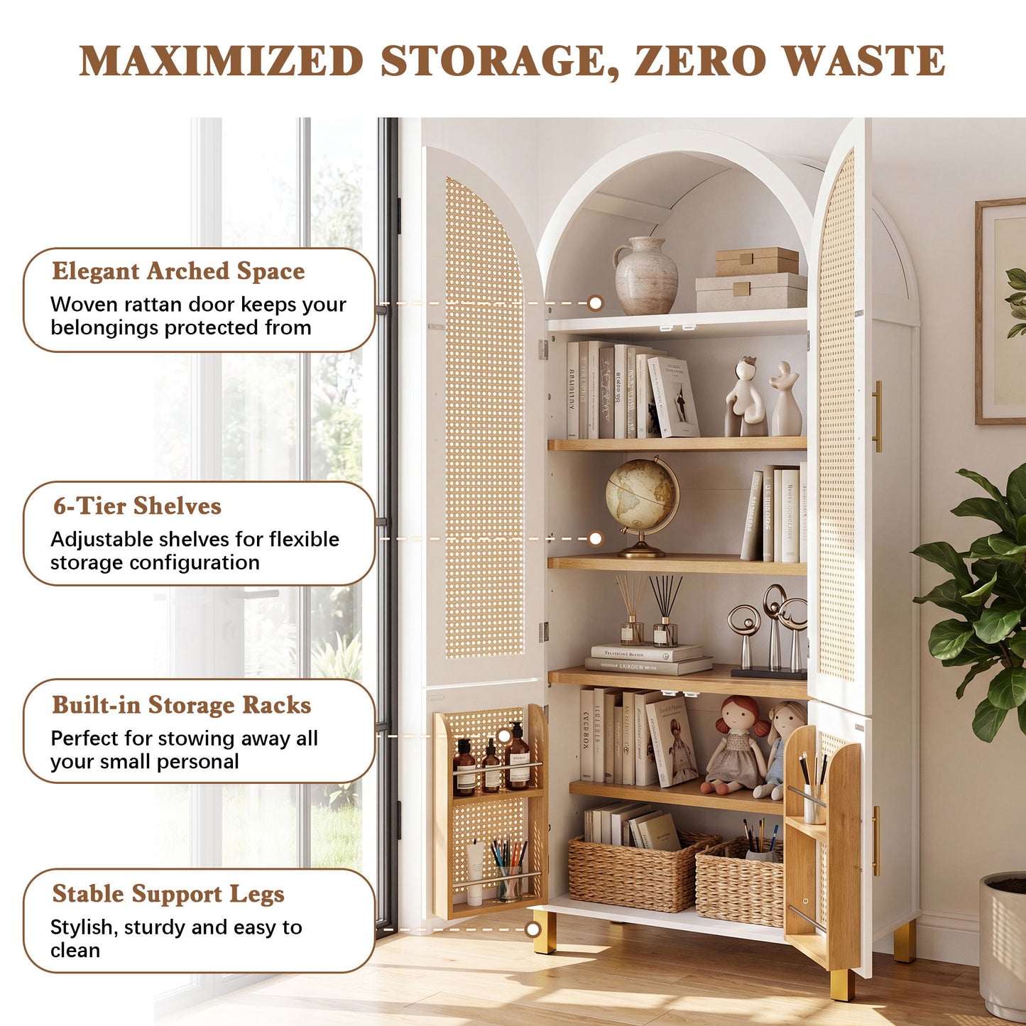 Tall Arched Cabinet With Rattan Doors & Adjustable Shelves