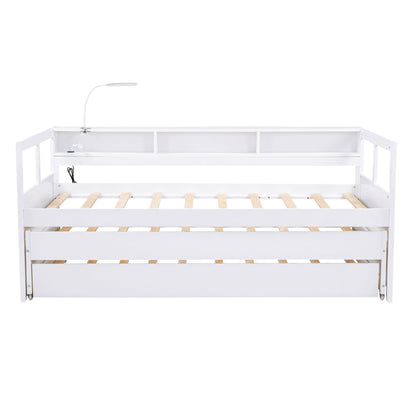 Daybed With 2 Trundles, 3 Storage Cubbies, Built In USB Charging Light