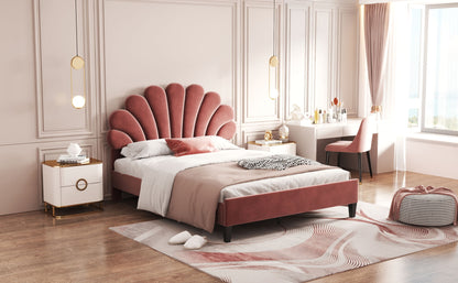 Upholstered Platform Bed With Flower Pattern Headboard