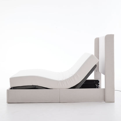 Caron - Queen Size Upholstered Wingback Bed With Adjustable Base Bundle Set - Ivory