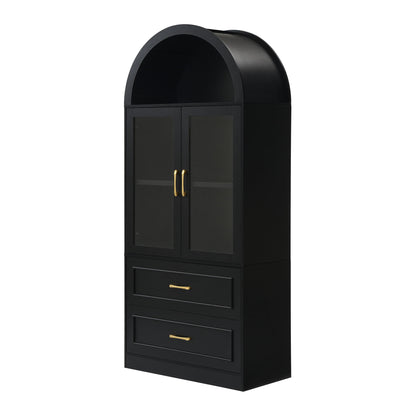 Arched Top Storage Cabinet With Fixed 2 Tier Shelves, 2 Large Drawers