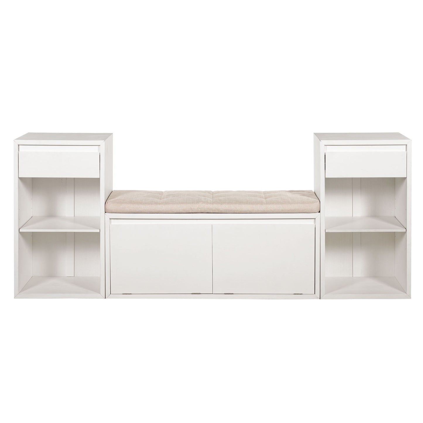 Entryway Storage Bench With Cushion, Drawers & Open Shelves