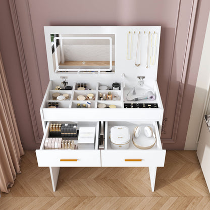 Flip Top Vanity Desk With LED Mirror & Outlet Makeup Table With 2 Drawers, Open Storage, And Jewelry Hooks - White