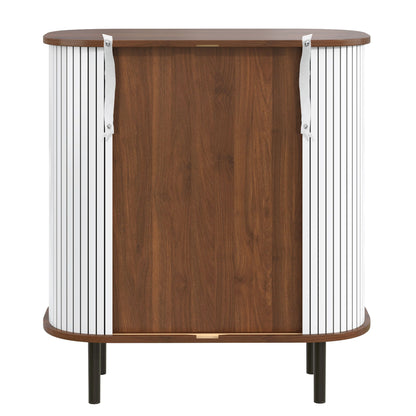 Fluted Wine Bar Cabinet With 8 Grid Wine Rack, 5 Level Adjustable Shelves, 2 Glass Holders