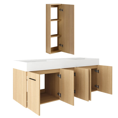 Floating Double Sink Bathroom Vanity Set With Tall Linen Cabinet, Extra Large Storage, Integrated Sink, Soft Close Doors - Glossy White / Light Oak