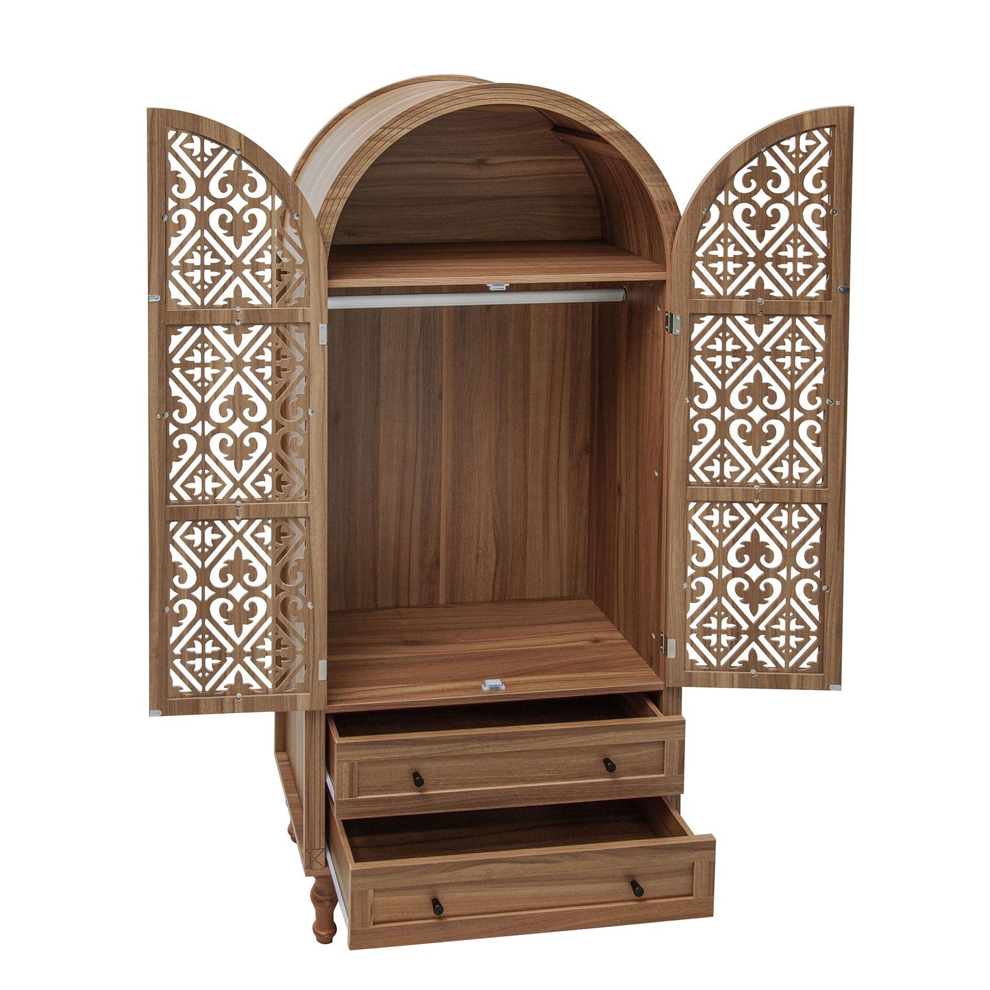 Tall Kitchen Pantry Cabinet With Hollow Carved Doors 2 Drawers And Adjustable Shelves Storage Display Cabinet For Kitchen Dining Room Or Living Room - Walnut