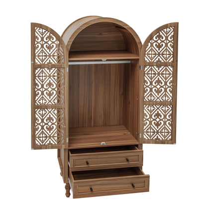 Tall Kitchen Pantry Cabinet With Hollow Carved Doors 2 Drawers And Adjustable Shelves Storage Display Cabinet For Kitchen Dining Room Or Living Room - Walnut
