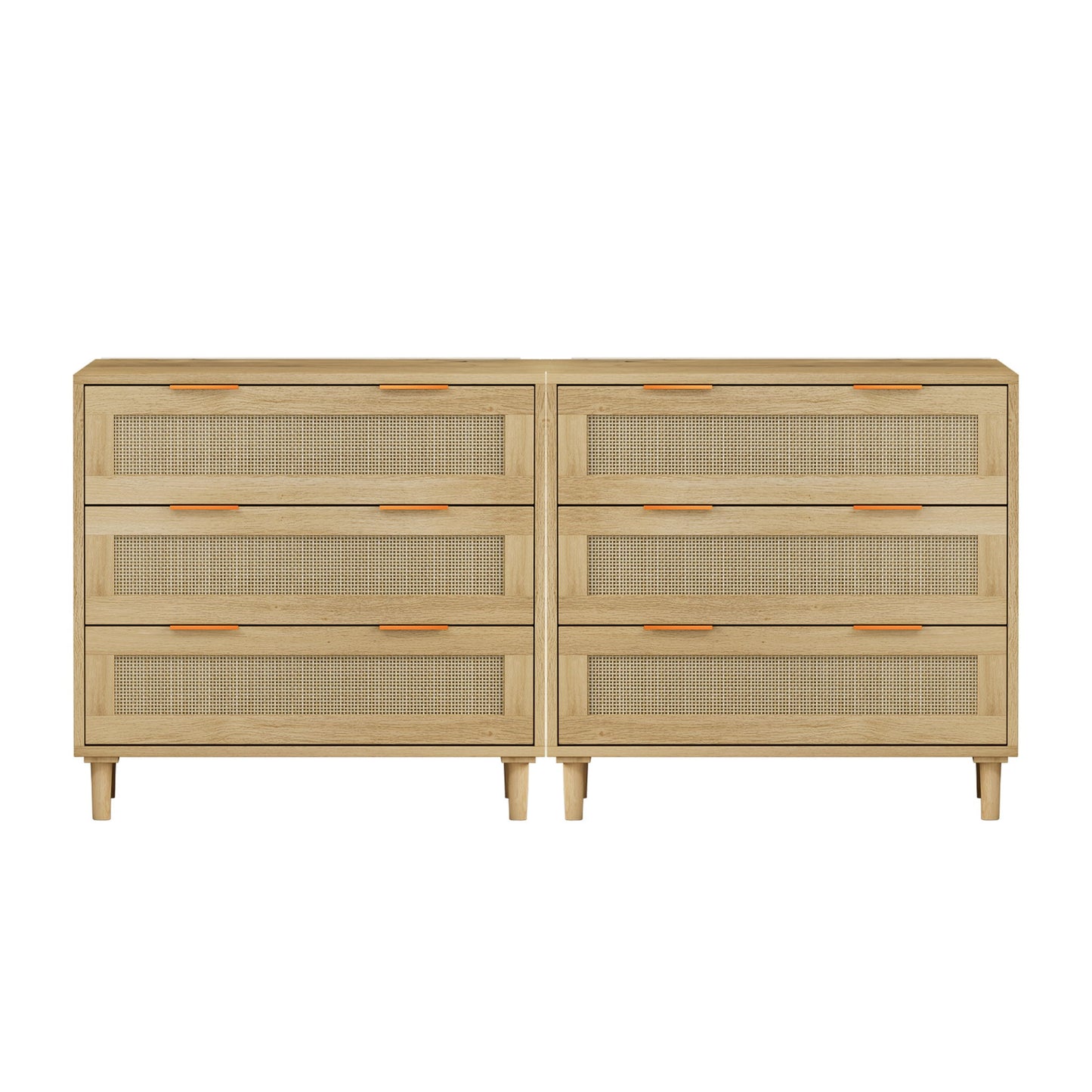 3 Drawers Rattan Storage Cabinet Rattan Drawer, For Bedroom, Living Room, Dining Room, Hallways (Set of 2) - Oak