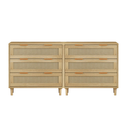 3 Drawers Rattan Storage Cabinet Rattan Drawer, For Bedroom, Living Room, Dining Room, Hallways (Set of 2) - Oak