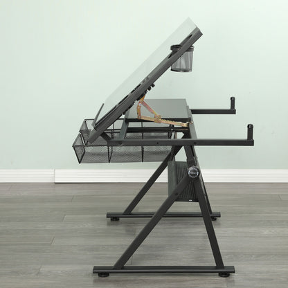 Adjustable Tempered Glass Drafting Printing Table With Chair