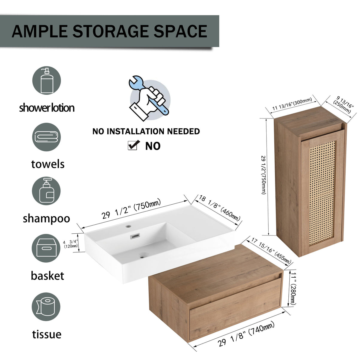 Modern Imitative Wall Mounted Bathroom Vanity With Resin Sink And Side Cabinet