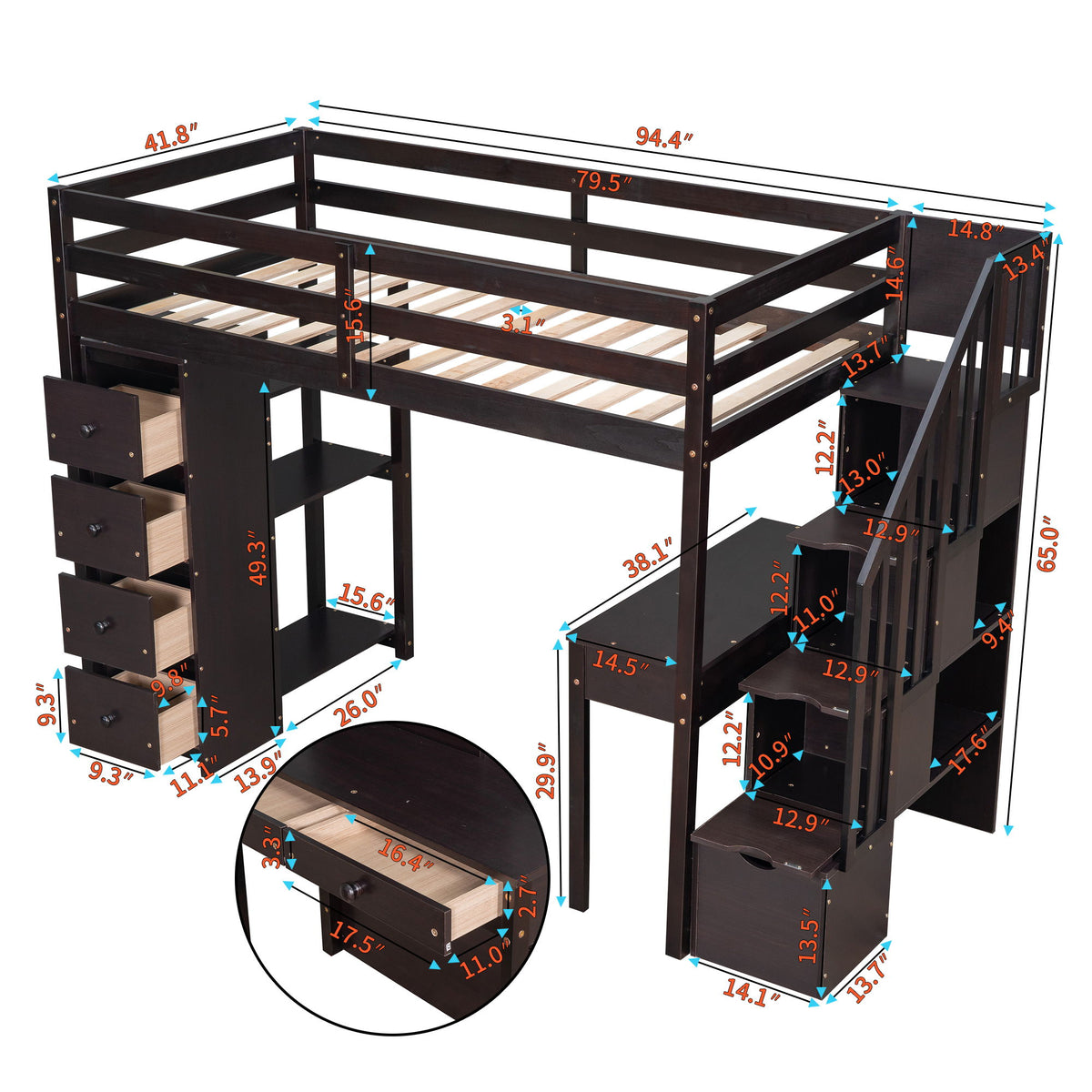 Loft Bed With Storage Drawers, Desk And Stairs With Shelves