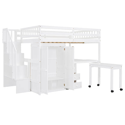 Loft Bed With Stairs, Bookshelf, Drawers, Desk & Wardrobe, Space Saving Multifunctional Furniture