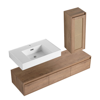 Modern Imitative Wall Mounted Bathroom Vanity With Resin Sink And Side Cabinet