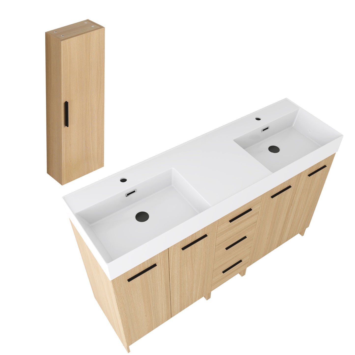Double Sink Bathroom Vanity Set With Tall Linen Cabinet, 3 Drawers, Extra Large Storage, Integrated Sink, Freestanding Cabinet - Light Oak / White
