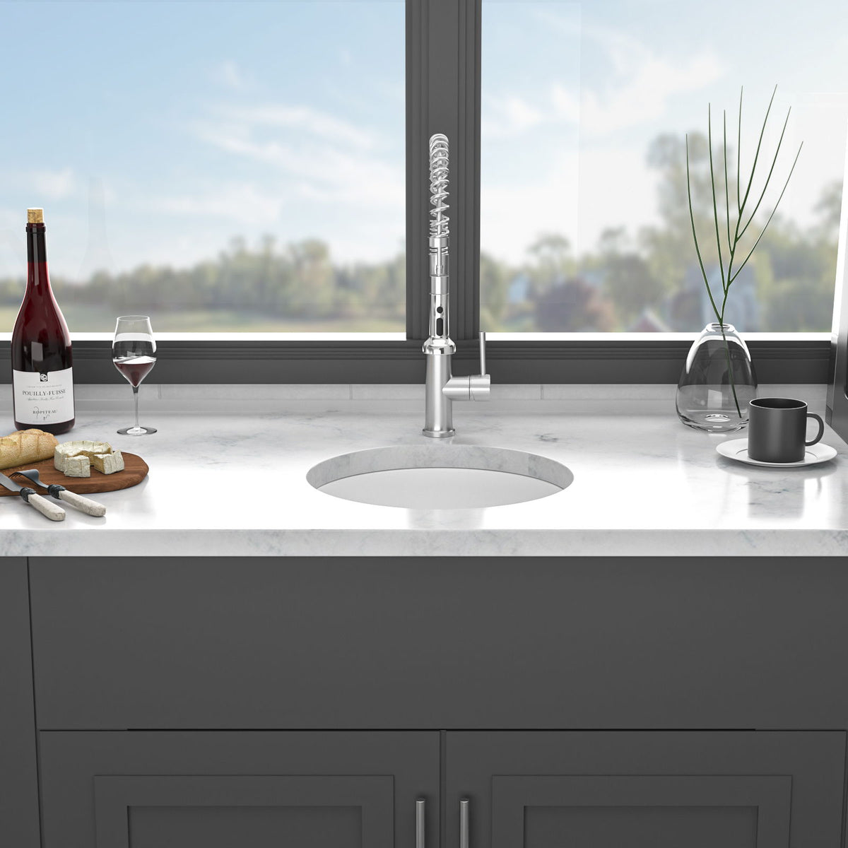 Ceramic Circular Kitchen Sink With Drain Assembly And Bottom Grid, 18" Dual Mount - White