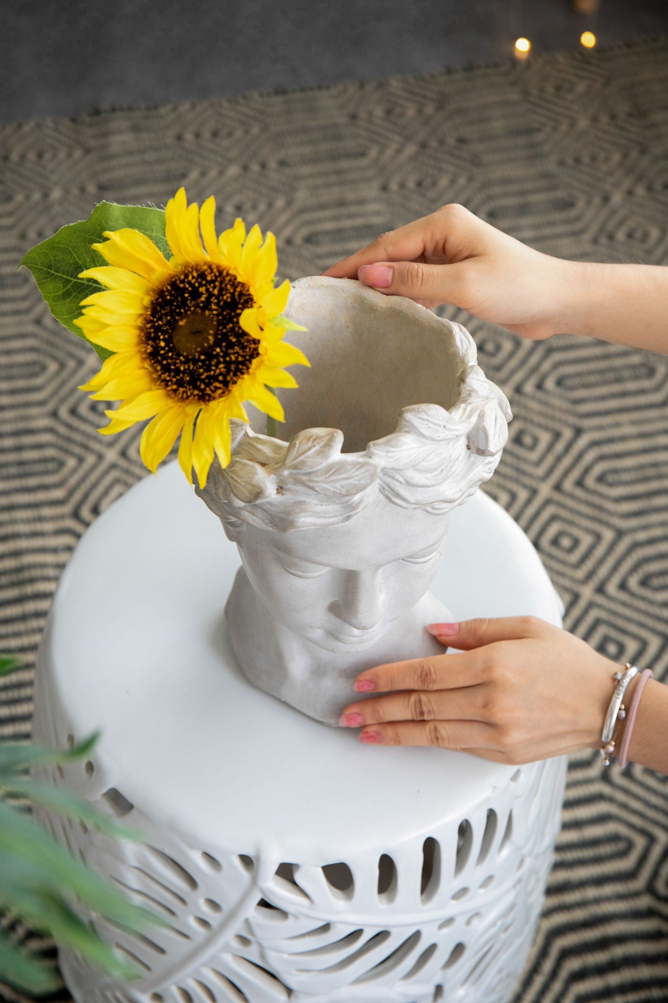Greek Style Cement Head Planter Indoor Outdoor Home, Garden Decor - Gray
