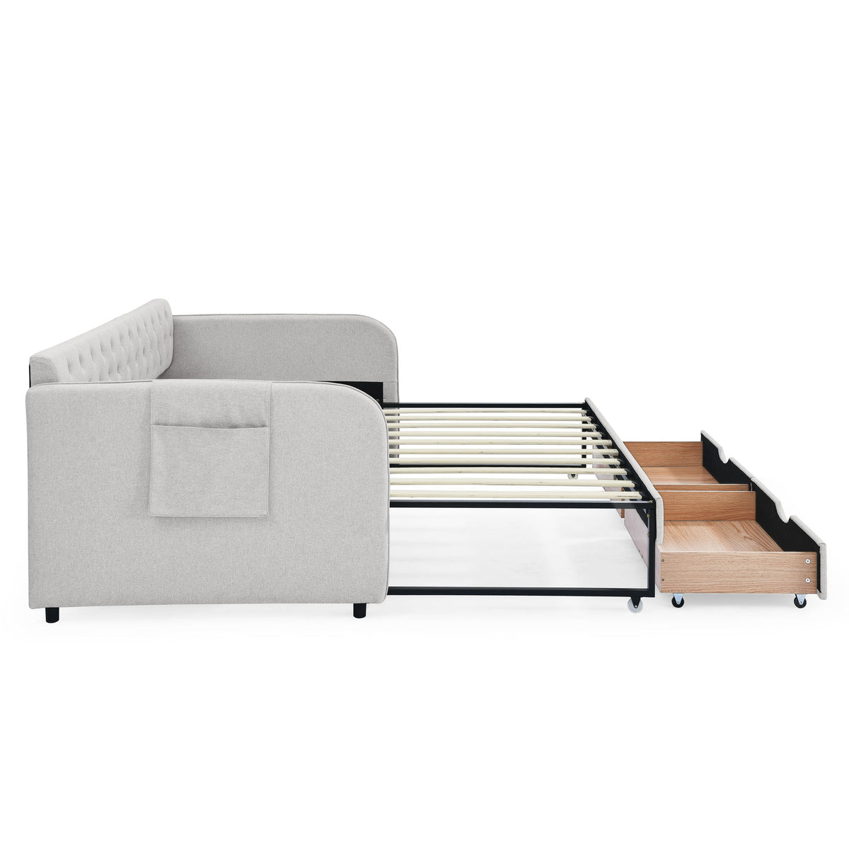 Daybed With Trundle And Storage Drawers, Flat Arms With Pocket