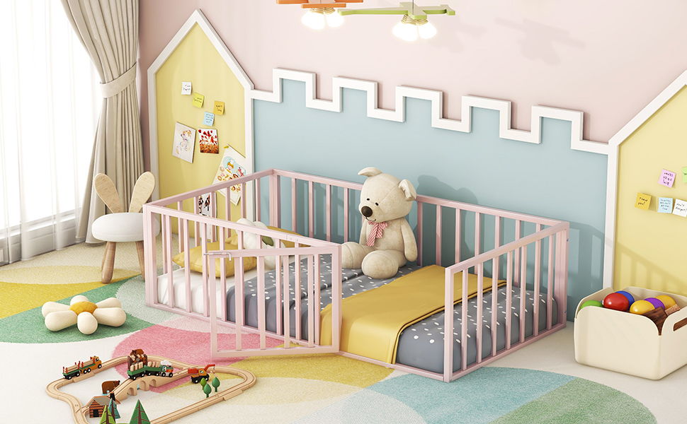 Metal Floor Bed Frame With Fence And Door