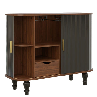 Fluted Liquor & Coffee Bar Cabinet With 6 Wine Racks And 3 Glass Holders