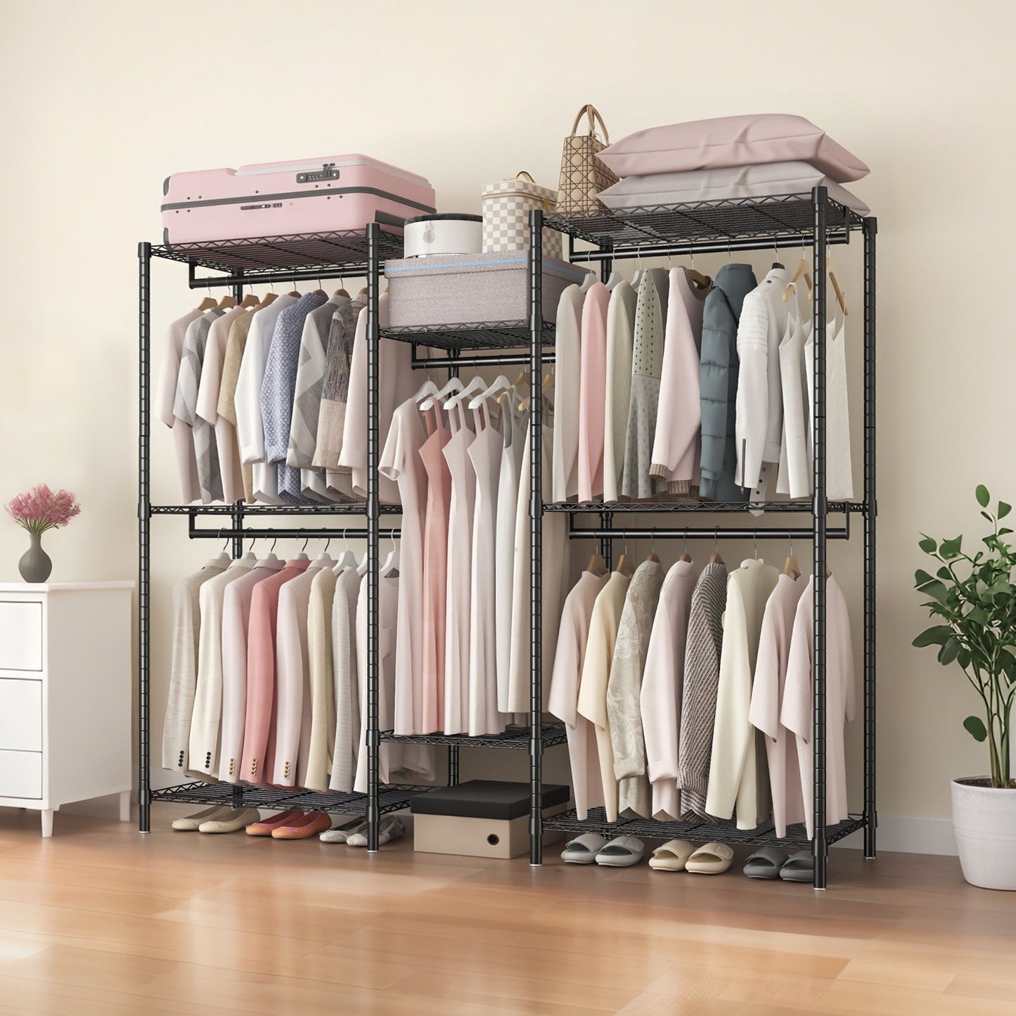 Heavy Duty Garment Rack With 8 Adjustable Wire Shelves And 5 Clothes Rails, Freestanding Closet Organizer Metal - Black
