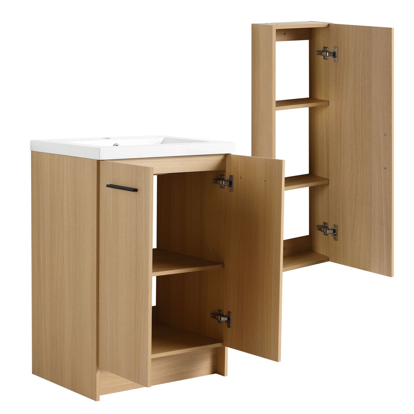 Freestanding Bathroom Vanity Set With Tall Linen Cabinet, Single Sink, Extra Storage, Soft Close Doors - Glossy White / Light Oak