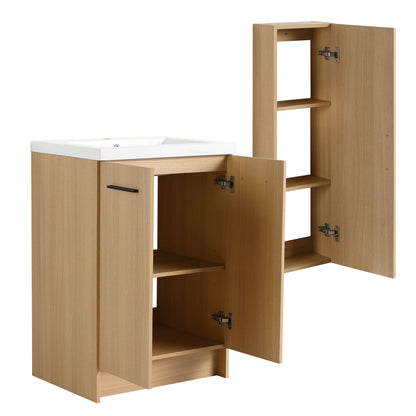 Freestanding Bathroom Vanity Set With Tall Linen Cabinet, Single Sink, Extra Storage, Soft Close Doors - Glossy White / Light Oak