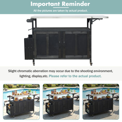 Foldable Outdoor Kitchen Island With Lockable Wheels, Storage Cabinet And Towel Rack For Patio