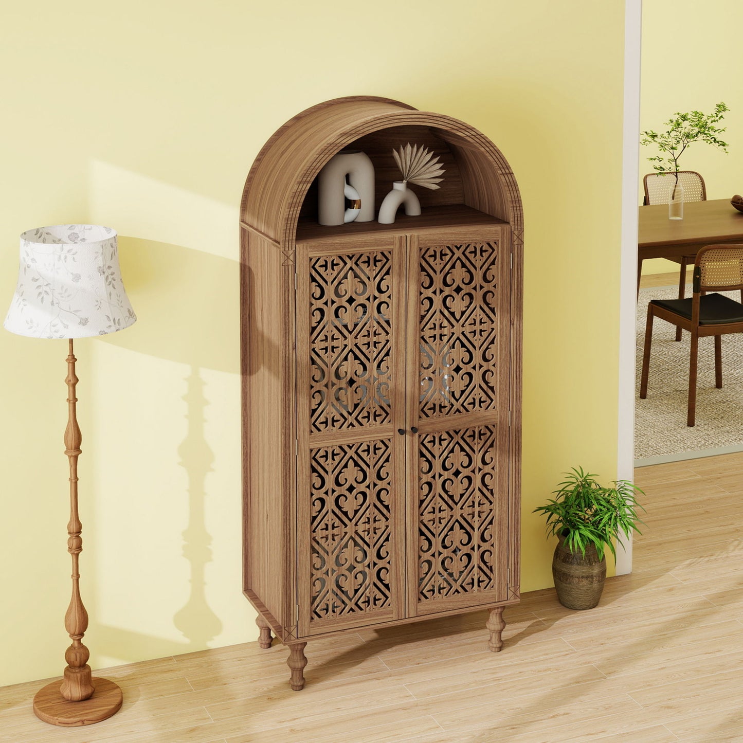 Tall Kitchen Pantry Cabinet With Hollow Carved Doors Adjustable Shelves Versatile Storage Cabinet For Kitchen - Walnut