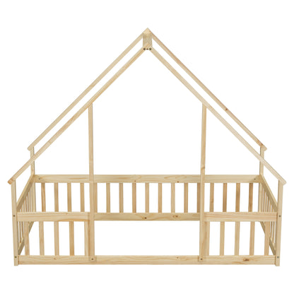 Wood House-Shaped Floor Bed With Fence, Guardrails