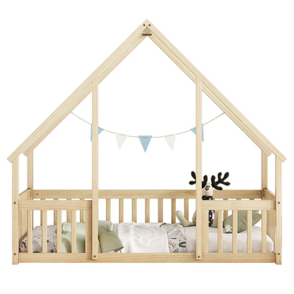 Wood House-Shaped Floor Bed With Fence, Guardrails