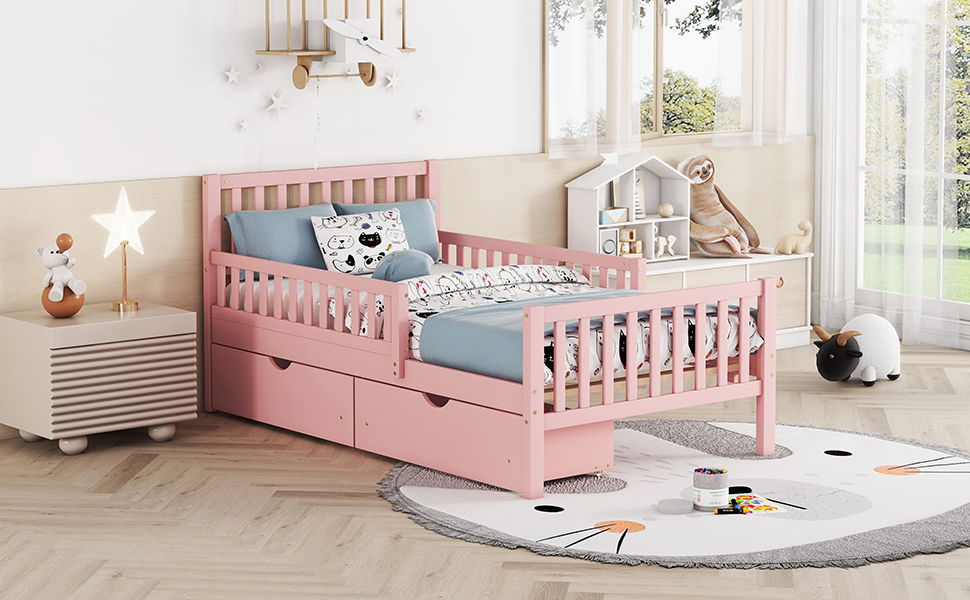 Platform Bed With Guardrails On Both Sides And 2 Storage Drawers