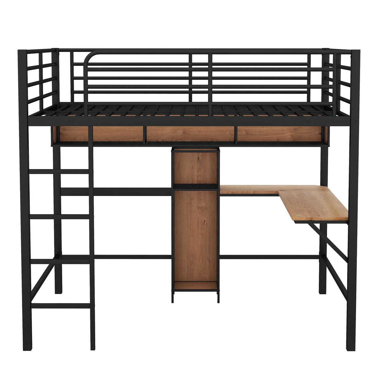 Full Size & Loft Bed With L-Shaped Desk And Shelves - Black
