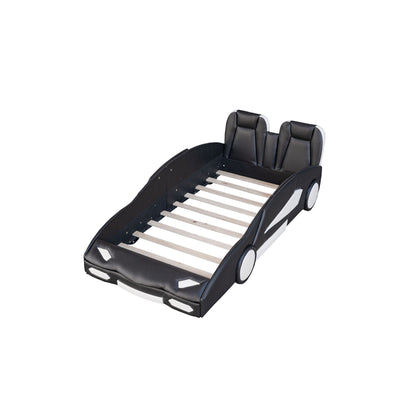 Race Car Shaped Twin Platform Bed With Wheels, Pine Wood Construction