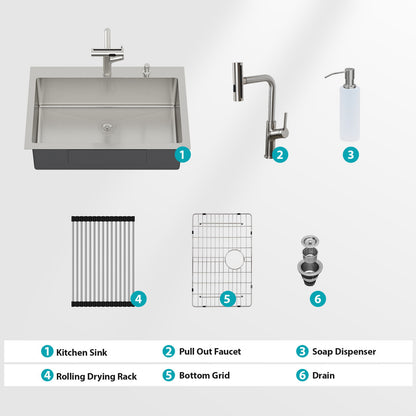 Drop-In Kitchen Sink With Pull-Out Faucet And Soap Dispenser