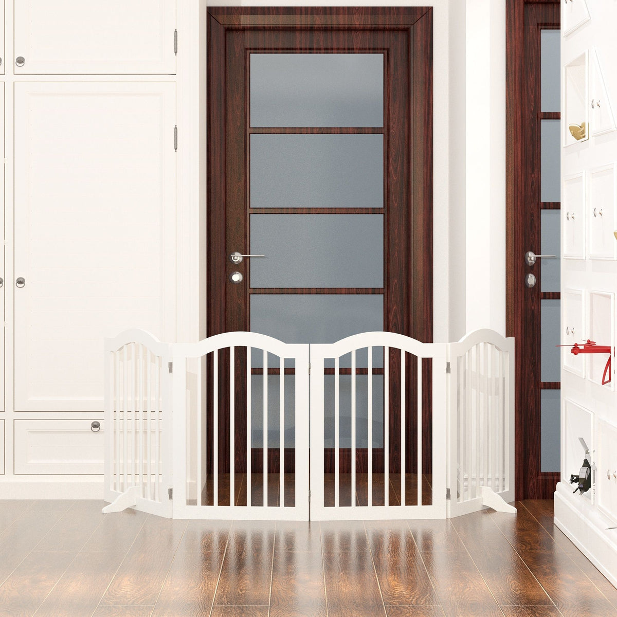 4 Panel Freestanding Pet Gate With Foldable Design And Support Feet - White
