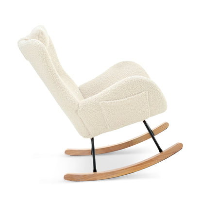 Rocking Chair Nursery, Teddy Upholstered Rocker Glider Chair With High Backrest, Adjustable Headrest & Pocket, Comfy Glider Chair For Nursery, Bedroom, Living Room, Offices, Rubber Wood