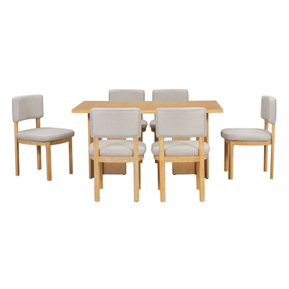 Dining Table Set With 6 Upholstered Chairs, Rectangular Table With Cutout Legs