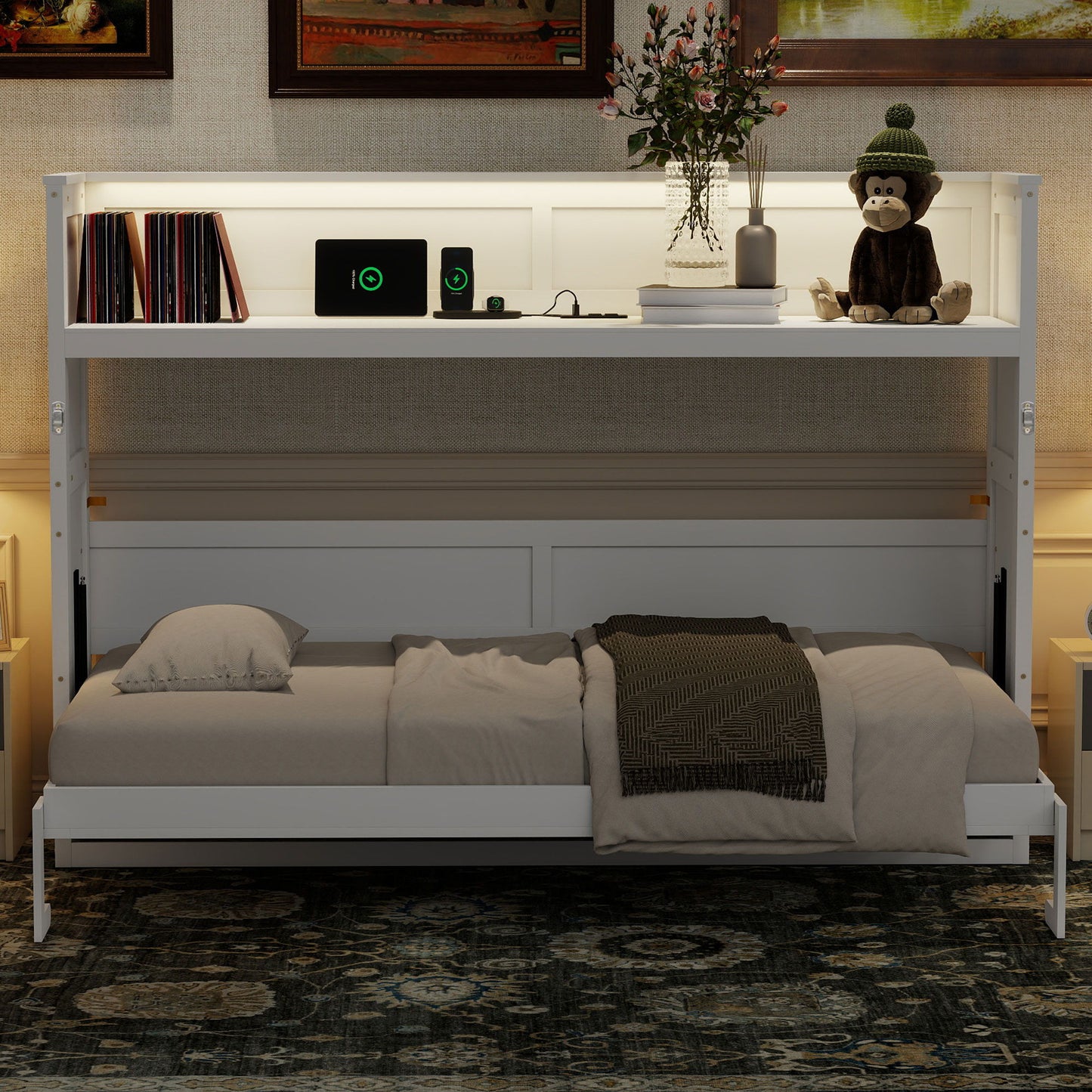 Murphy Bed With Desk, LED Light And USB Charging Station