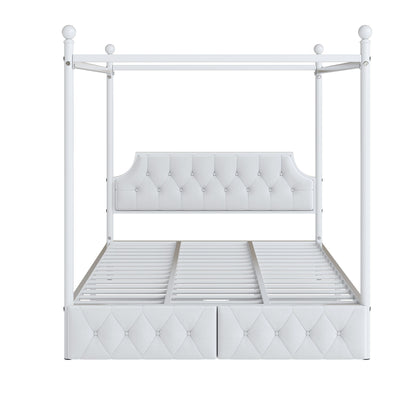 Queen Size Canopy Platform Bed With Upholstered Headboard And 2 Storage Drawers - White