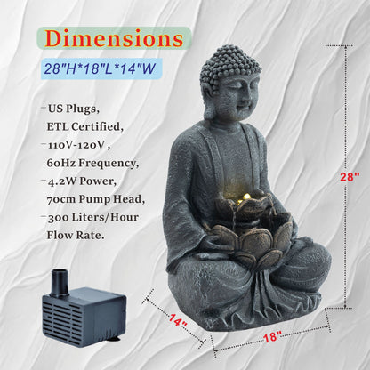 Zen - 2 Tier Meditating Buddha Water Fountain With Pump & LED Light - Gray