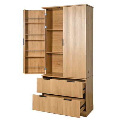 Fluted Kitchen Pantry Cabinet With 2 Large Drawers & 8 Door Spice Rack Freestanding Storage Organizer - Oak