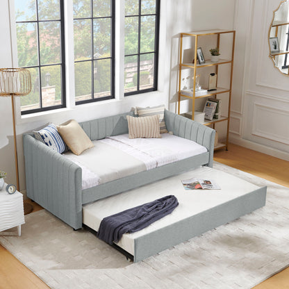 Upholstered Daybed With Trundle With Vertical Stripes