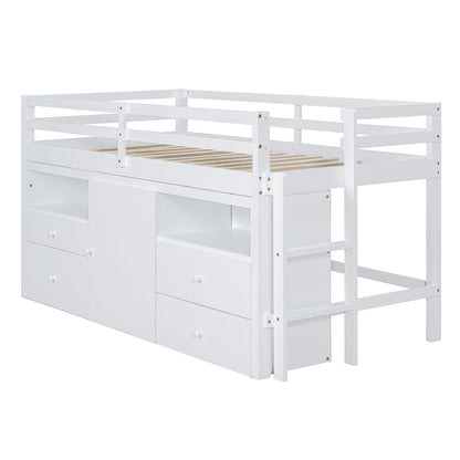 Loft Bed With 4 Drawers, Underneath Cabinet And Shelves