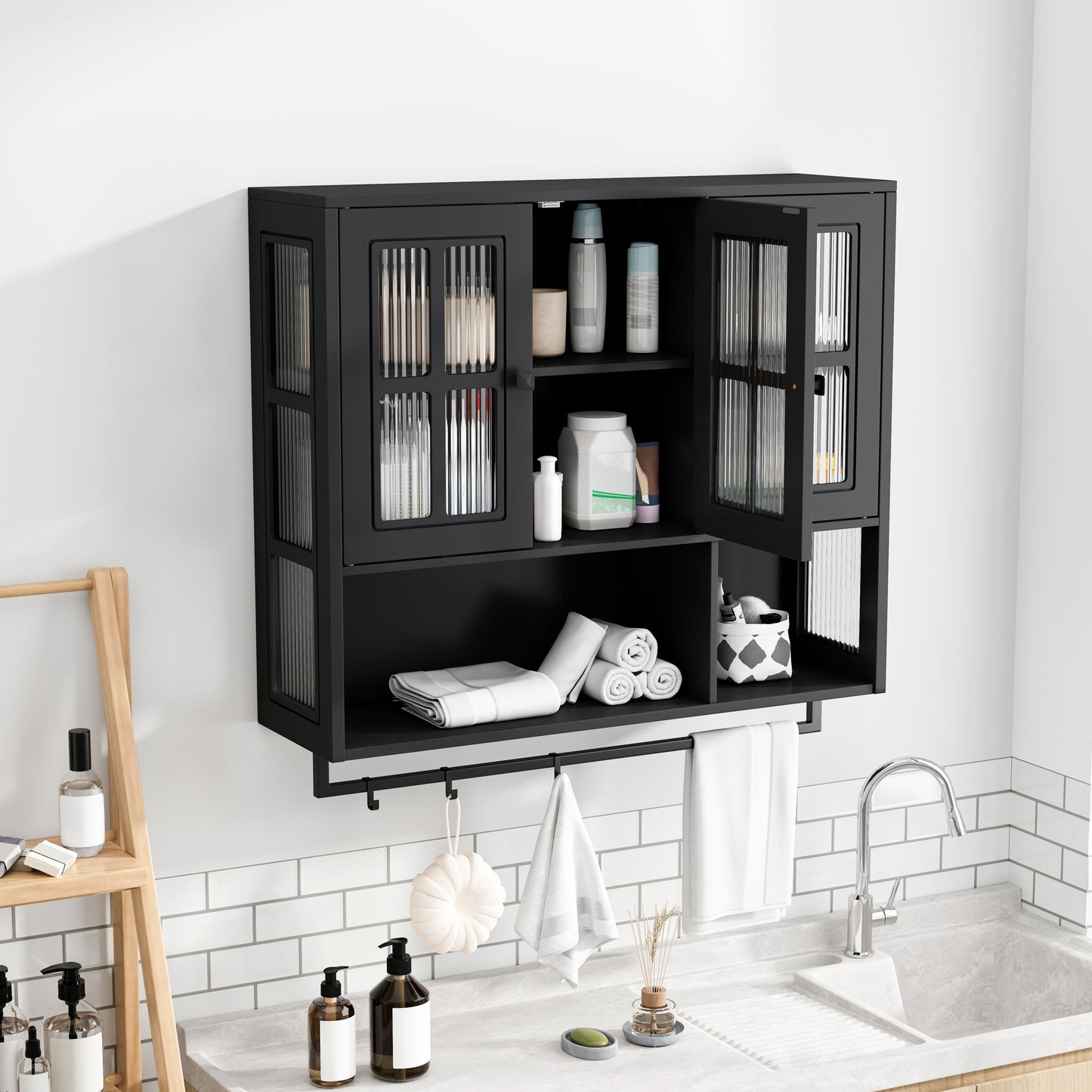 3 Door Wall Cabinet With Glass Door And Towel Bar