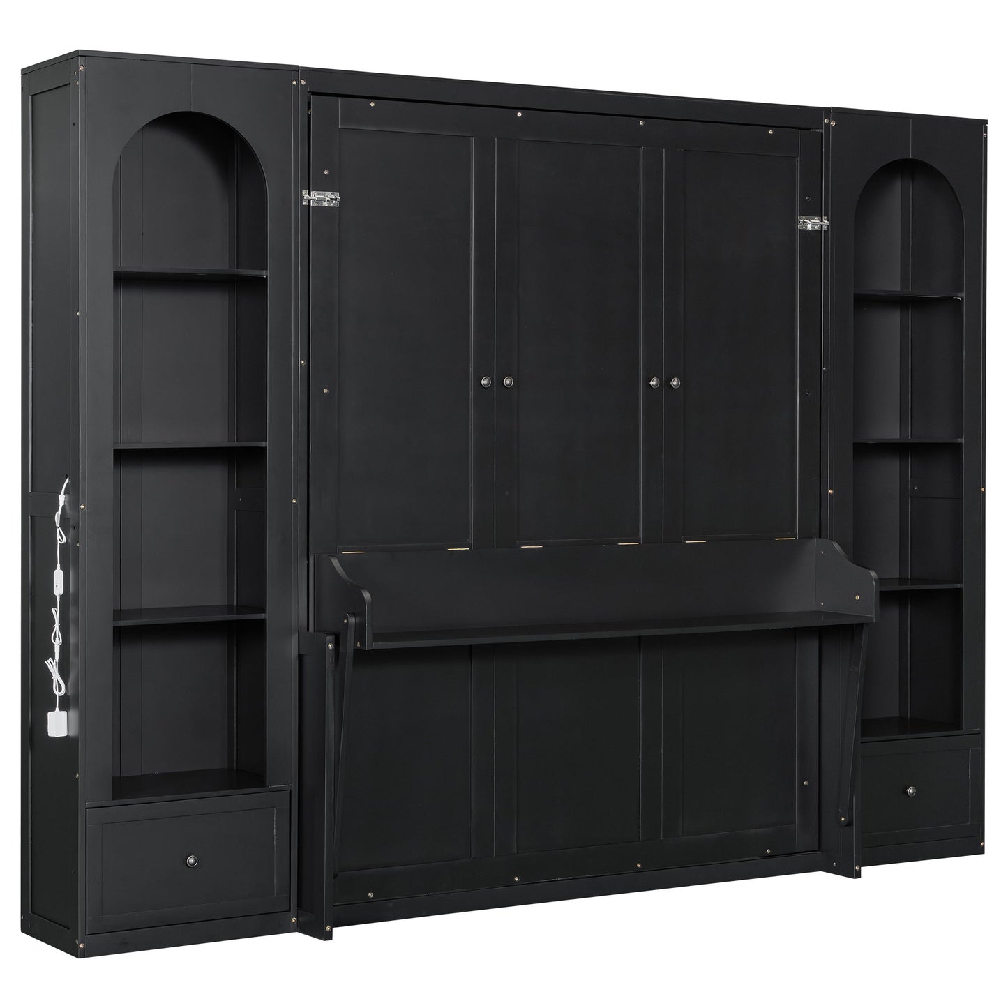 French Style Murphy Platform Bed With Shelf, Side Cabinets, Drawers And LED