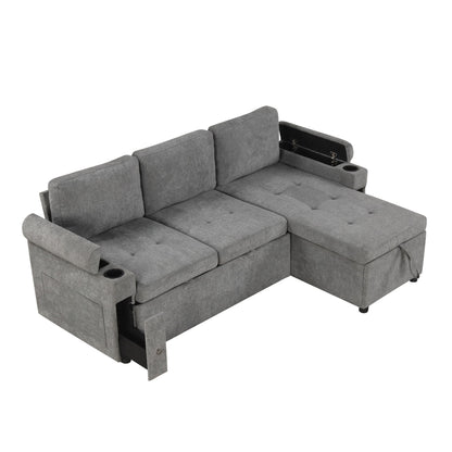 Convertible L Shaped Sofa Couch With Storage, Cup Holders, USB Ports