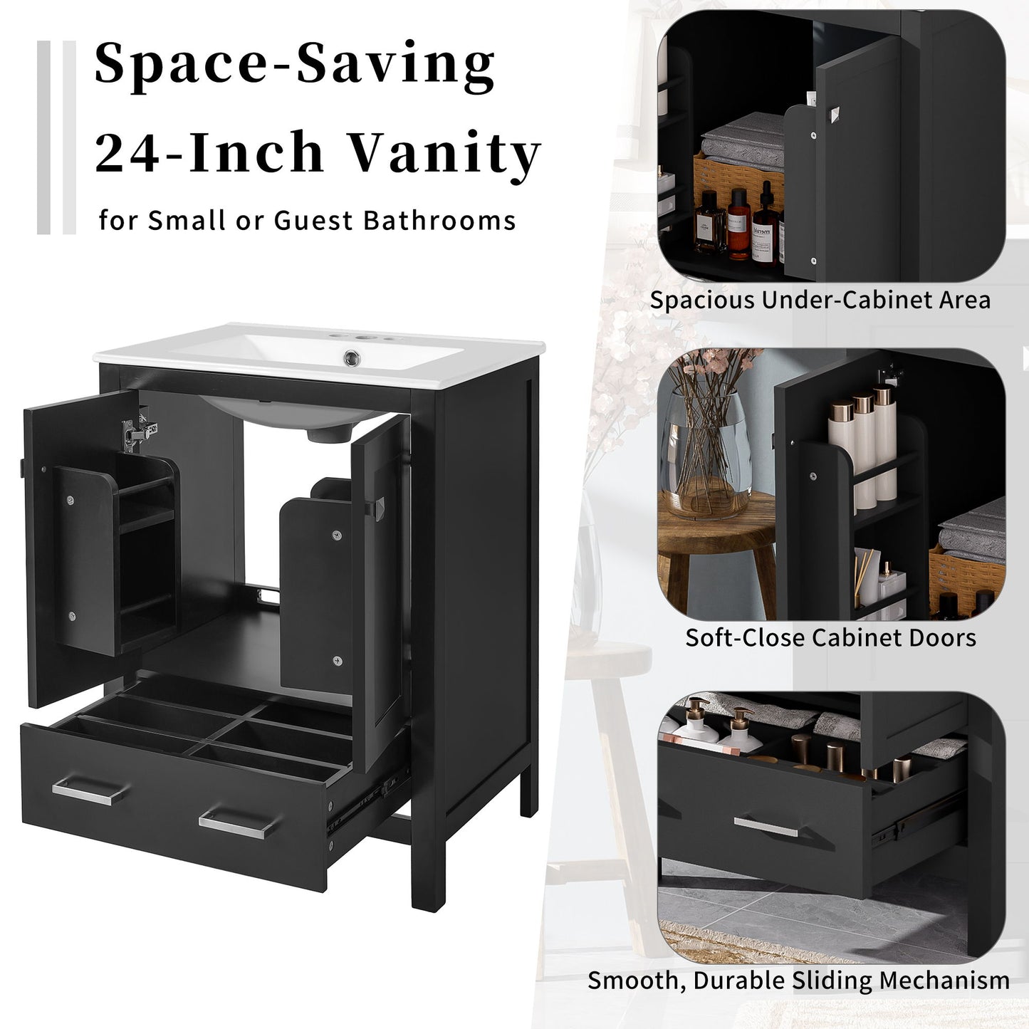 Bathroom Vanity With Integrated Undermount Ceramic Sink, 2 Doors And 1 Drawer, Soft Close Hinges