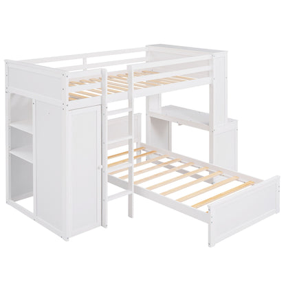 Loft Bed With A Stand Alone Bed, Shelves, Desk, And Wardrobe
